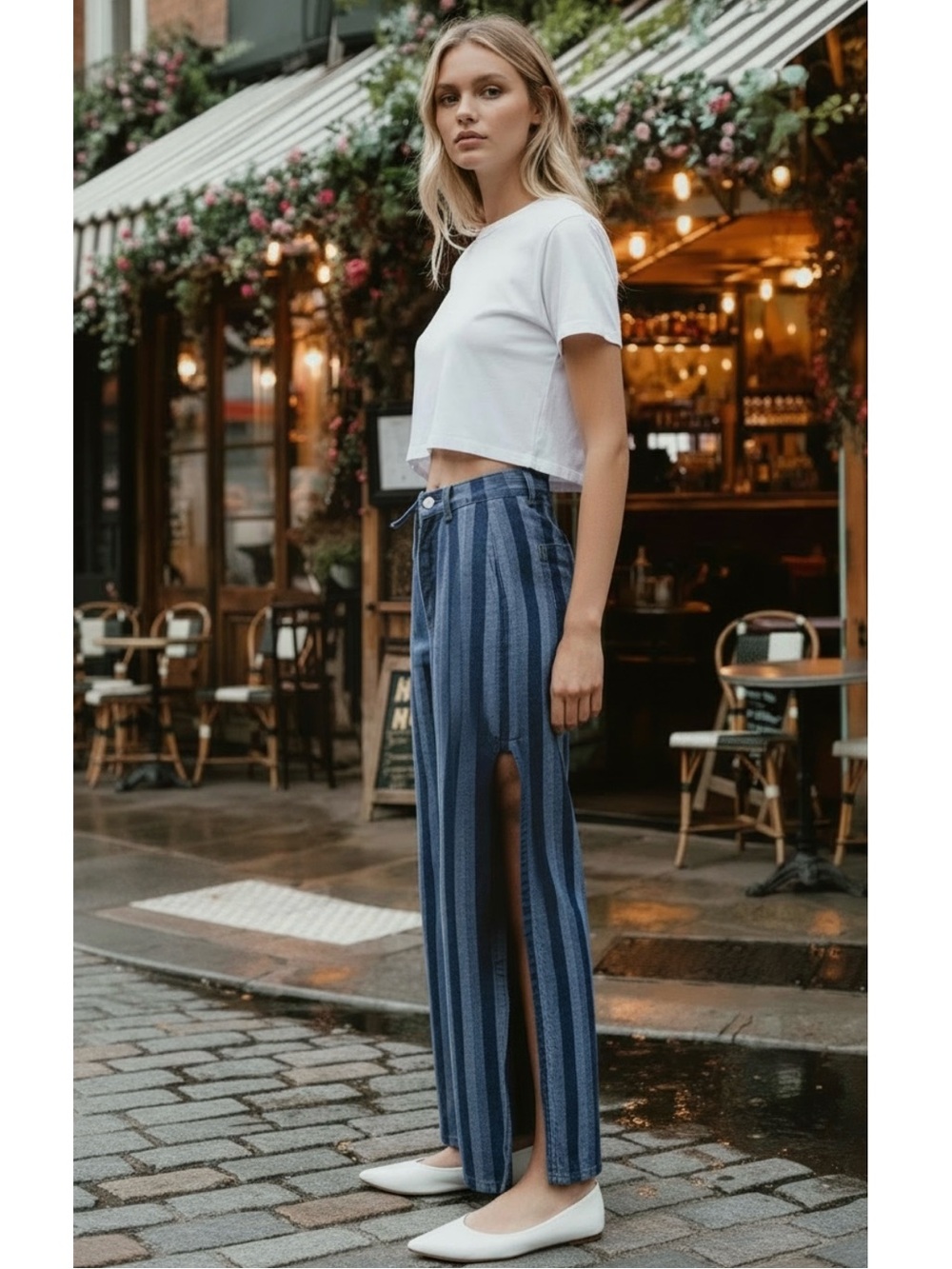 NWT Free People Striped Side Slit Wide Leg Pants in Blue 29